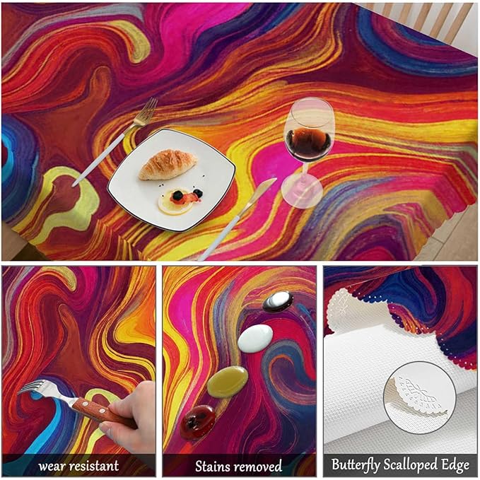 Swono Chaotic Waves Table Cloth Rectangle Tables Abstract African Rainbow Chaotic Wave Pattern Kitchen Table Cover Oblong 52"X70" Tablecloth for Dining Table Buffet Parties Patio Camping