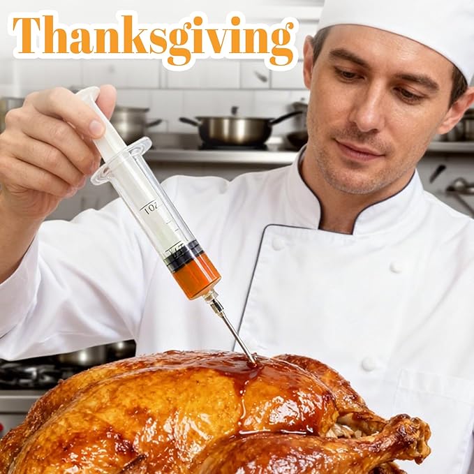 Pop Up Timer (6 pcs) & Meat Injector Syringe (2-OZ) Plastic Turkey Injector with 2 Marinade Needles for Injecting Marinade into Turkey, Meat, Brisket