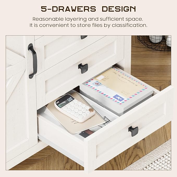 Vabches 5 Drawer Storage Cabinet, Office Storage Cabinet with Door and Adjustable Shelf, Large Farmhouse Printer Stand for Home Office, Rustic White