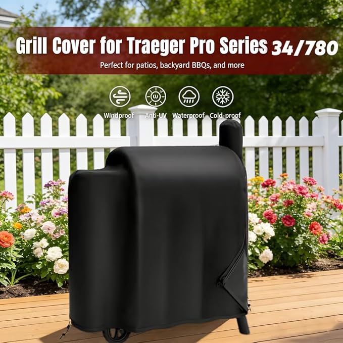 SHINESTAR Grill Cover for Traeger Pro 34/780 Series, 600D Heavy Duty Waterproof Wood Smoker Cover with Zipper & Adjustable Drawstring, Pellet BBQ Cover for 34 Elite/Century, Texas, Z Grills and More