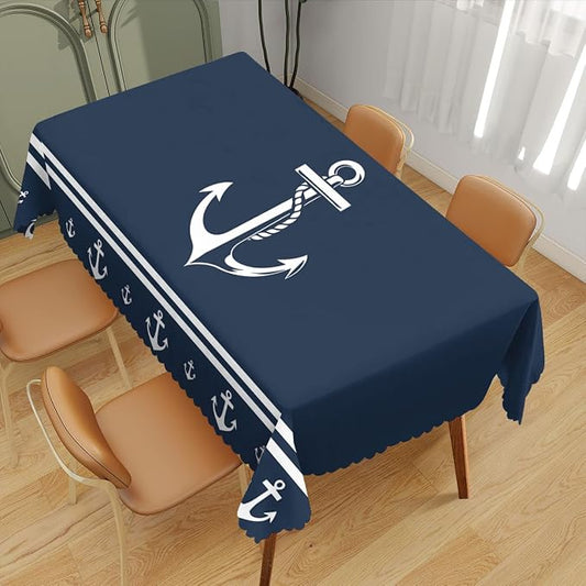 Nautical Decorative Rectangle Tablecloth Anchor Sailing Ocean Dark Navy Blue Rectangle Tablecloth Picnic Table Cover BBQ Table Cloths Polyester for Kitchen Coffee 52" x 70" 4-6 Seats