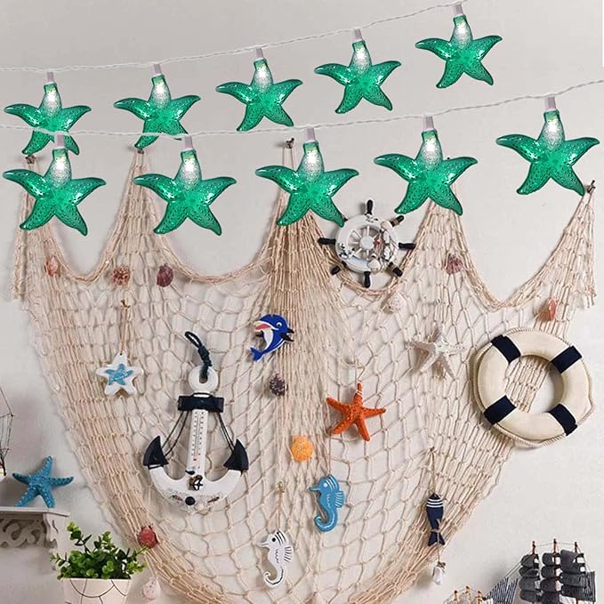 Ocean Themed Starfish String Lights 8.3Ft Marine Fairy String Lights 10 LED Green Starfish Lights, Waterproof Connectable Hanging Tropical Lights for Ocean Room Patio Garden Decor, Warm White