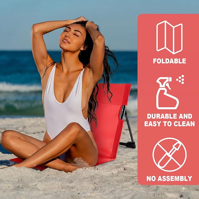 Karenhi 2 Pcs Foldable Poolside Beach Chairs for Edge of Pool Portable Beach Chairs Folding Pool Seats with Back Support Carry Bag for Adults Traveling Camping Picnic Lawn (Red)