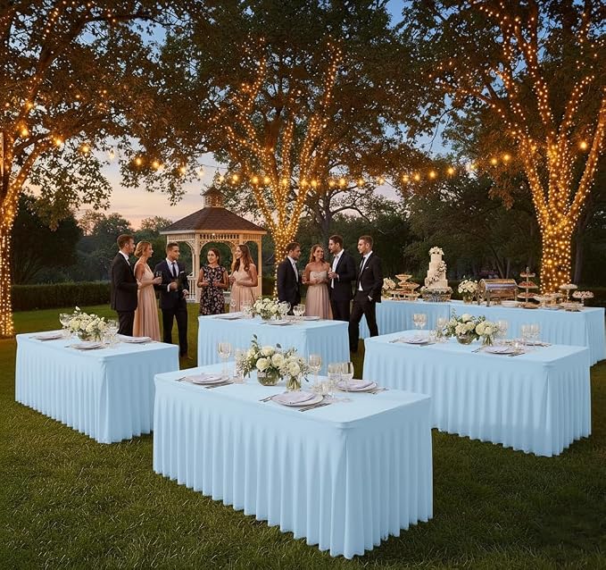 4 Pack Baby Blue Spandex Table Covers 6ft Rectangle Ruffle Skirts for Party | Elastic Table Covers 6 Foot, Pleated Fitted Table Cloths, Wrinkle Resistant Elegant Table Skirts Wedding, Banquets
