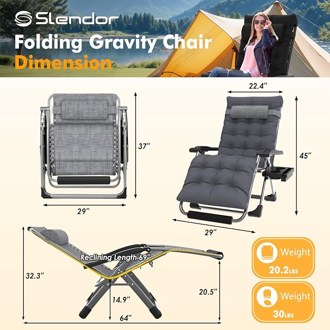 Slendor Oversized Zero Gravity Chairs XL, 29in Recliner Chair, Dark Grey | Reclining Lounge Chair, Folding Anti Gravity Chairs w/Aluminum Alloy Lock, Removable Cushion&Headrest, 440lbs, for Lawn Patio