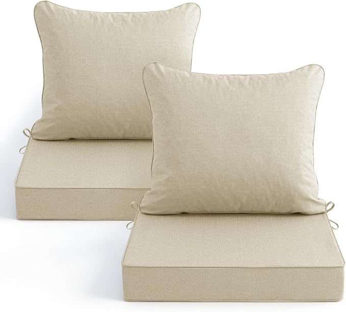 Summsun Patio Chair Cushions Set of 2, Faux Linen Outdoor Furniture Cushions, Water Resistant Backrest and Deep Seat Cushion Set with Ties, Removable Cover, Non-Slip Bottom, 24 x 24 Inch, Beige