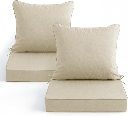 Summsun Patio Chair Cushions Set of 2, Faux Linen Outdoor Furniture Cushions, Water Resistant Backrest and Deep Seat Cushion Set with Ties, Removable Cover, Non-Slip Bottom, 24 x 24 Inch, Beige