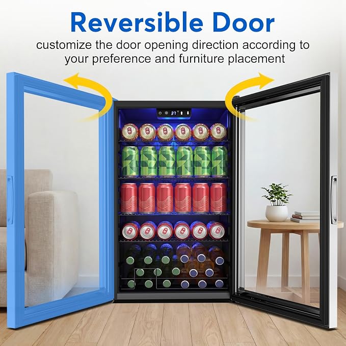 FoMup Beverage Refrigerator 150 Can with Glass Door – Mini Drink Cooler with Reversible Door, Safety Lock & Temperature Control, Small Fridge for Beer Soda Wine, Compact for Dorm Office Hotel