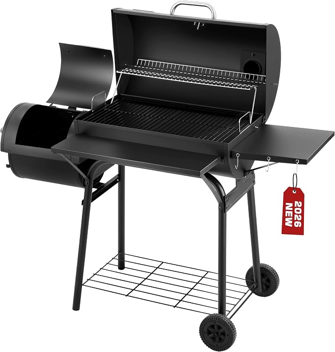 Charcoal Grill with Offset Smoker, 744.5 Sq. In. Outdoor BBQ Grill | Side fire box, 4-position adjustable charcoal pan, thermometer, warming rack, side table, wheels and storage rack
