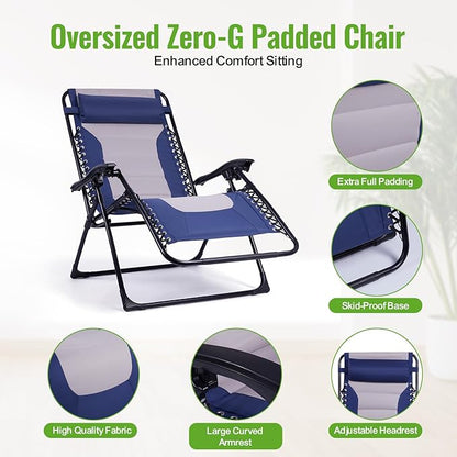Backyard Expressions Deluxe XL Padded Recliner Zero Gravity Chair – Ergonomic Anti-Gravity Lounger with Folding Design, Side Tray, and Adjustable Headrest