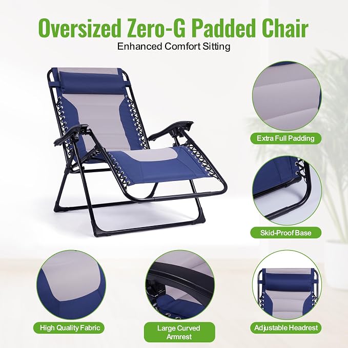 Backyard Expressions Deluxe XL Padded Recliner Zero Gravity Chair – Ergonomic Anti-Gravity Lounger with Folding Design, Side Tray, and Adjustable Headrest