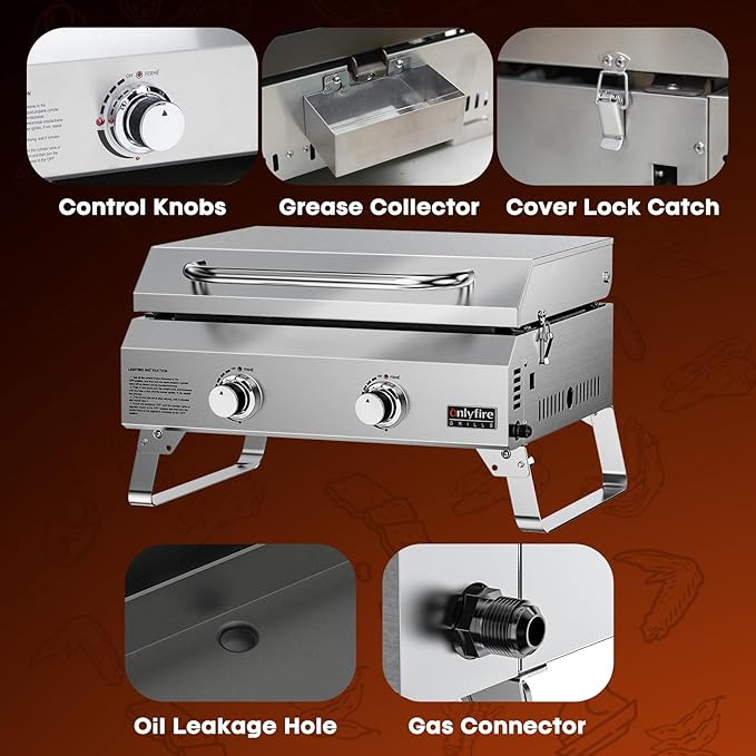 ONLYFIRE GRILLS Tabletop Gas Griddle with Foldable Legs, 2-Burner BBQ Propane Flat Top Griddle, Portable Gas Stove for Outdoor Cooking Patio Party Camping Tailgating RV, Stainless Steel, GS318