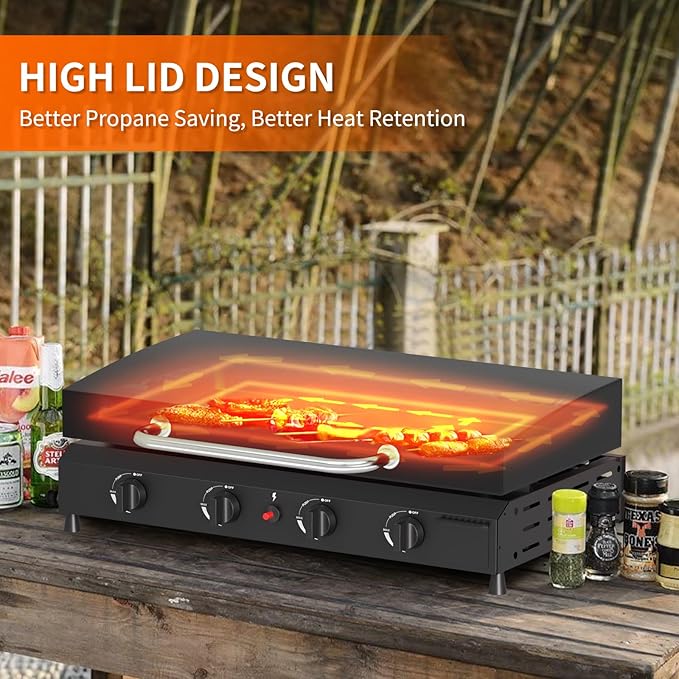 SKOK 4 Burner Gas Griddle with Hood- 30 Inch Outdoor Propane Griddle-60000 BTU Propane Fuelled, Portable Flat Top Gas Grill Camping Griddle with Lid for Outdoor BBQ, Camping