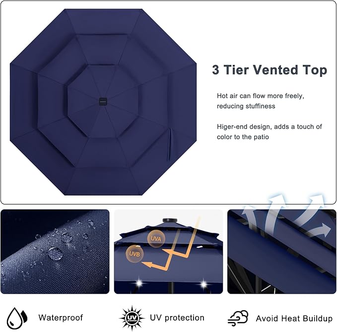 ABCCANOPY 3-Tiers 11FT Solar Patio Umbrella, Outdoor Umbrella with 32 LED Lights for for Deck, Pool, Garden, Backyard (Navy Blue)