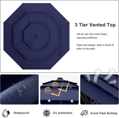 ABCCANOPY 3-Tiers 11FT Solar Patio Umbrella, Outdoor Umbrella with 32 LED Lights for for Deck, Pool, Garden, Backyard (Navy Blue)