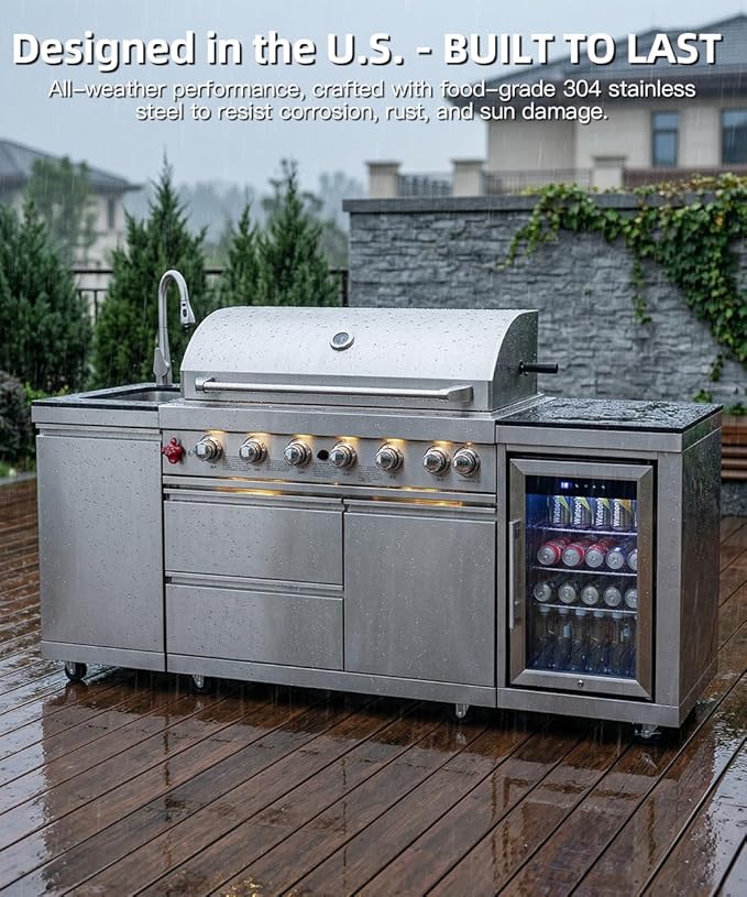 BBQ Outdoor Kitchen Island Grill Barbecue Modular Patio Kitchens Kits with Electric Rotisserie, Sink, fridge, and Burner for More than 10 People