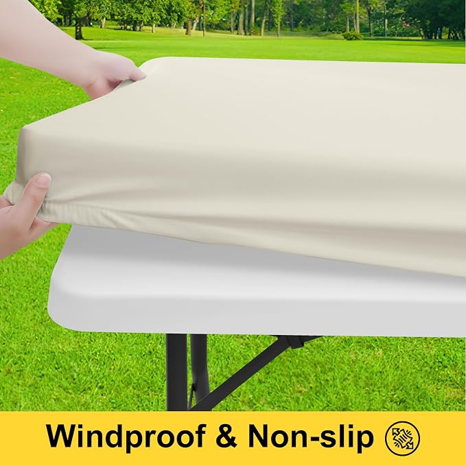 Smiry Picnic Table Cover with Bench Covers, Waterproof Elastic Fitted Polyester Tablecloths for 4 Ft Rectangle Tables, Washable Windproof Tablecloth for Camping, RV & Outdoor (Beige, 24x48 Inches)