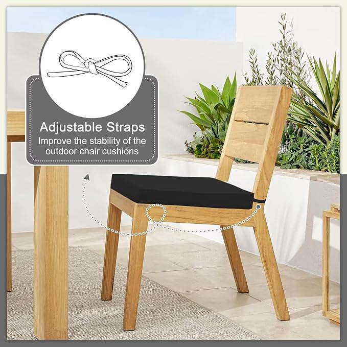 Cozyide Outdoor Chair Cushions, Waterproof Patio Seat Cushions with Adjustable Straps, Square Corner Patio Chair Cushions for Garden, Black, 18.5x16x3 Inch (Pack of 4)