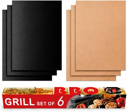 Grill Mats for Outdoor Grill, Set of 6(Black+Copper) | Grill Mat for Gas Grill, Non-Stick Sheets for Grilling, 15.75 X 13 Inch