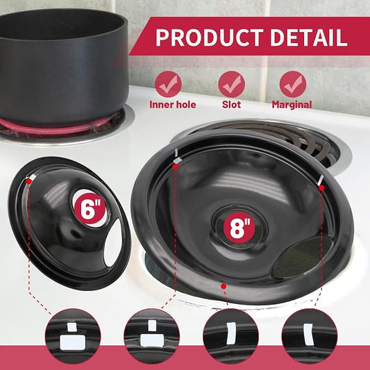 Stove Drip Pan for Electric Stove Top, Compatible with Frigidaire 10% Energy Save by Enamel Spraying Prevent Bending and Rust Includes a Set of 4 Oven Burner Drip Pans, Black