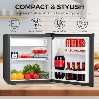 Antarctic Star 1.6 Cu. Ft Mini Fridge with Freezer,Small Compact Refrigerator with Single Reversible Door, Removable Shelves, 7 Adjustable Thermostat, for Dorm/Bedroom/Office,Steel