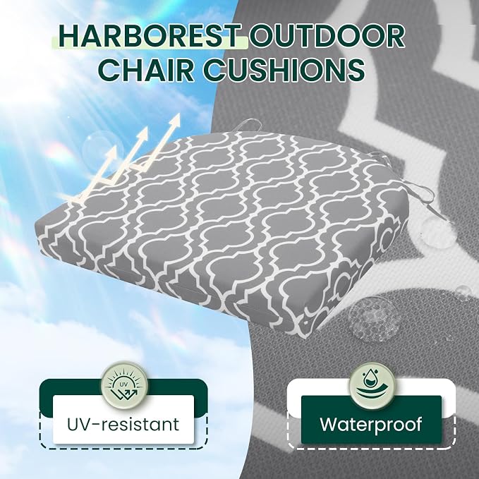 HARBOREST Outdoor Chair Cushions Set of 4, Water Resistant Patio Chair Cushions with Ties, Outdoor Seat Cushions for Patio Furniture, 17"x16"x2", Grey Geometry