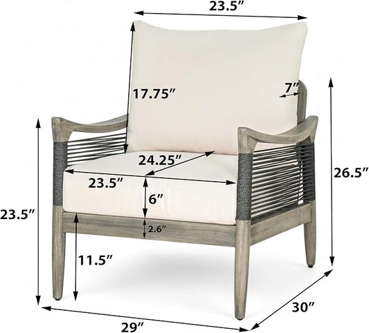 Christopher Knight Home Havets Patio Acacia Wood Club Chair with Woven Rope, Comfortable Outdoor Armchair, Water-Repellent Thick Cushion Deep Seating for Porch, Garden, Backyard, Balcony, Gray+Beige