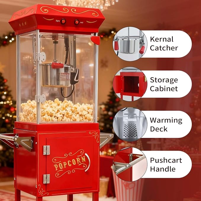 Popcorn Machine with Cart, 6 Oz Kettle, Mobile Popcorn Maker for 32 Cups per Batch, Nostalgia Movie Theater Style, Vintage Bar Style Popcorn Machine with Lockers for Home & Events, Red