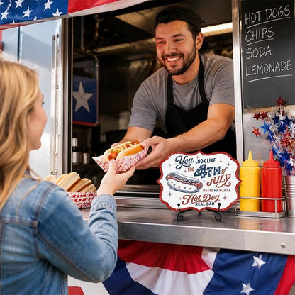 Wooden Buffet Sign with Metal Stand, Patriotic Hot Dog Station Decor for BBQ Party, Food Truck, Restaurant Counter, Independence Day 5 x 7 Inch Tabletop Display - A04