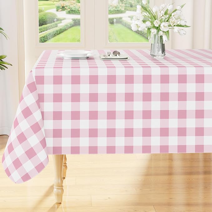 Smiry Picnic Table Cloth, Vinyl Tablecloths with Flannel Backing, 60"x120" | Waterproof Rectangle Table Cloth, Wipeable Buffalo Plaid Table Cover for Indoor and Outdoor (Pink & White)