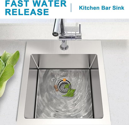 15x20 Inch Bar Sink Drop In Topmount, 18 Gauge Stainless Steel Single Bowl Small Kitchen & Wet Bar Prep Sink, 9 Inch Deep with Bottom Grid & Drain Assembly