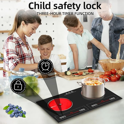 2 Burner Electric Cooktop,110V 2500W Electric Stove Top with Touch Control,9 Heating Level,Timer & Kid Safety 2 burner cooktop.