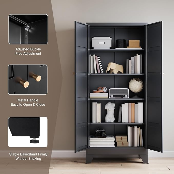 Yizosh Metal Pantry Cabinet,- 72" Black Kitchen Pantry Storage Cabinet with Doos and Adjustable Shelves for Kitchen, Living Room,Dining Room,Home