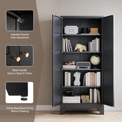 Yizosh Metal Storage Cabinet with 2 Doors and 4 Adjustable Shelves - 71" Black Kitchen Pantry Storage Cabinet,4-Tier Tall Steel Cabinet Locker for Living Room,Dining Room,Kitchen