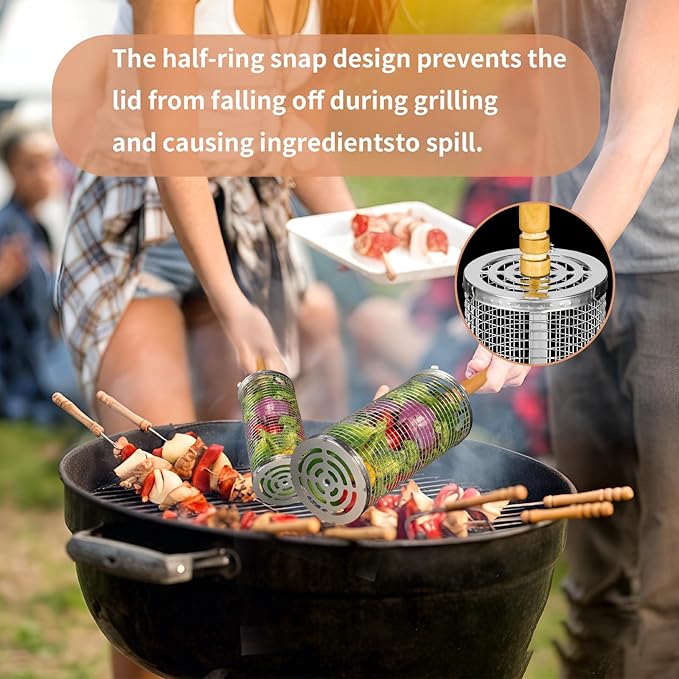 FrutPunch Grill Basket 2 Pcs, Stainless Steel Grilling Accessories,Rolling Grill Baskets for Outdoor Grill with Wooden Handle, Practical Grilling Gifts for Men (2PCS(A Large and A Medium))