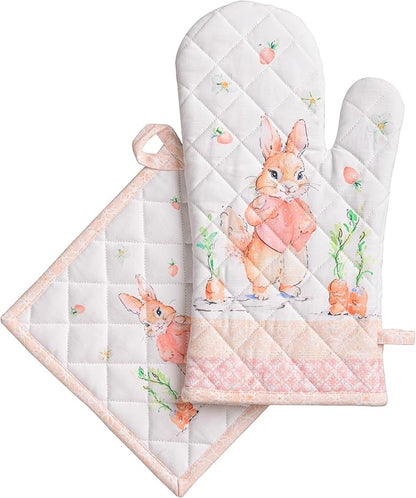 Maison d' Hermine 100% Cotton Oven Mitt & Pot Holder Set (7.5"x13" & 8"x8") Heat Resistant BBQ Cooking Gloves with Loop Baking Grilling Kitchen Hotel Home Farmhouse Spring Summer (Bunny Party)