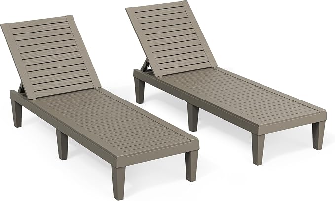 Outdoor Lounge Chairs Set of 2, 5-Position Adjustable Tanning Chairs with Wood Grain, All-Weather Resin Patio Recliners for Pool, Garden, Deck, Beach, Patio Lounge Chairs, Texture Grey