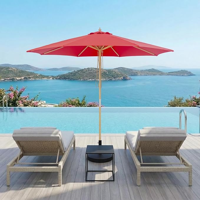 9FT/10FT Wood Patio Umbrella, Large Outdoor Table Pool Umbrella | 205G Olefin/180G Polyester Fabric, Push-Pull Operation Market Umbrella, 8 Rib Vented Canopy, Ideal for Patio, Backyard