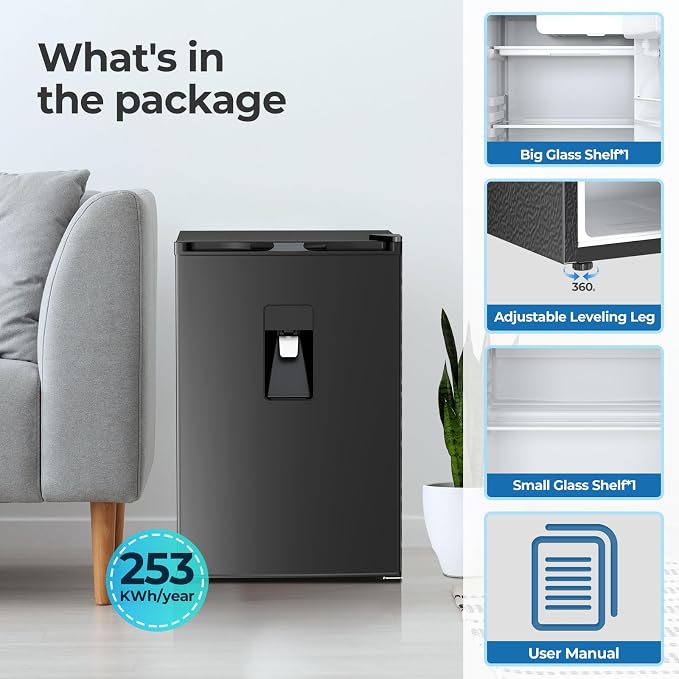 Electactic Compact Refrigerator 4.4 cu.ft mini fridge with Water Dispenser, Single Door Refrigerator with Adjustable Temperature Settings, Low noise, for Bedroom, Office, Dorm Black