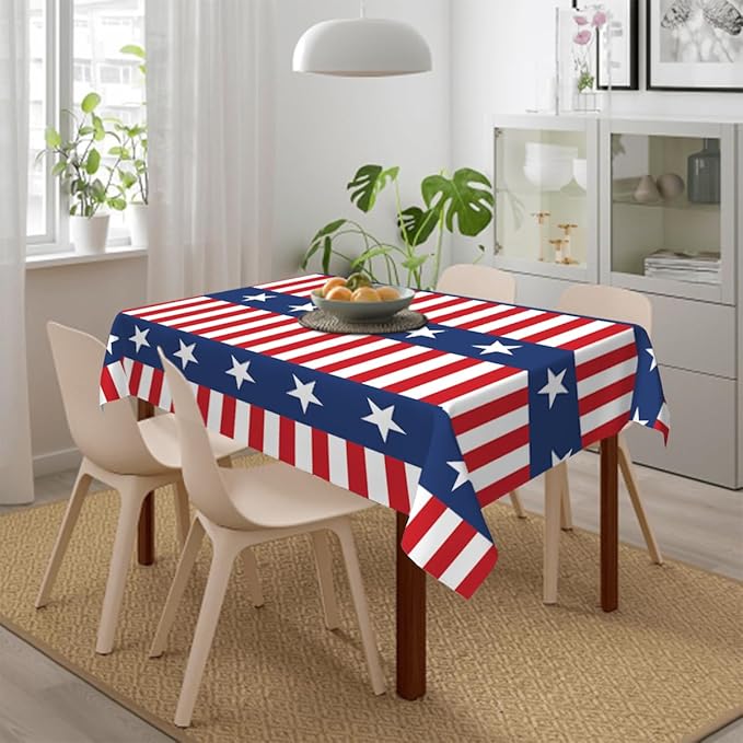 Decorative Rectangle Table Cloths Watercolor Stripes Stars 4th of July Patriotic Memorial Tablecloth Table Cover for Dining/BBQ/Picnic/Coffee Table 52 X 70 Inches