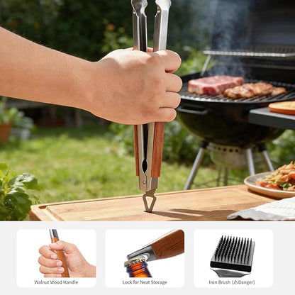 5in1 Heavy-Duty Rose Wooden BBQ Grilling Tools Set and BBQ Blanket for Resting Meat, Extra Thick SS Multi-Function Spatula, Fork, Brush & Tongs, Reusable Smoker Meat Insulated Bag, Ideal Gifts for Men