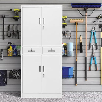 Wanfu Metal Storage Cabinet, Locking Storage Cabinet with Adjustable Shelves and 2 Drawers, 16" D x 32" W x 71" H Steel Cabinets for Office, Garage, Home, Classroom, Utility Room(White)