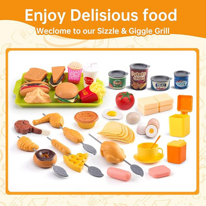 240Pcs Kids Mini Play Kitchen Accessories, Play Pans, Pots, Cookware with Desserts, Cuttable Veggies & BBQ Set & Storage Basket, Prop Money, Learning Gift for Child，Toddlers, Child, Yellow