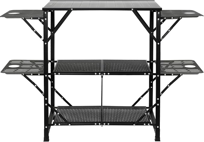 VEVOR Camping Kitchen Table, Aluminum Folding Portable Outdoor Cook Station with 4 Iron Side, 2 Shelves & Carrying Bag, Quick Installation for Picnic BBQ Beach Traveling