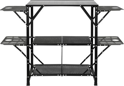 VEVOR Camping Kitchen Table, Aluminum Folding Portable Outdoor Cook Station with 4 Iron Side, 2 Shelves & Carrying Bag, Quick Installation for Picnic BBQ Beach Traveling