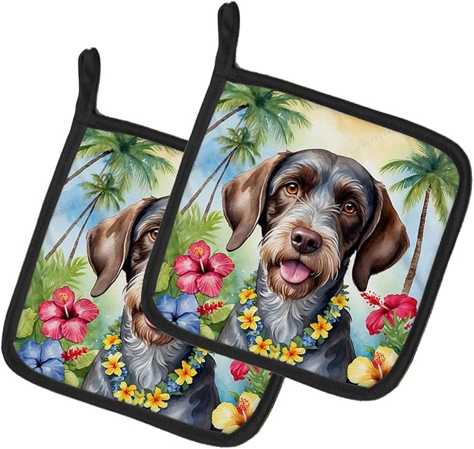 Caroline's Treasures German Wirehaired Pointer Luau Pair of Pot Holders Kitchen Heat Resistant Pot Holders Sets Oven Hot Pads for Cooking Baking BBQ, 7 1/2 x 7 1/2