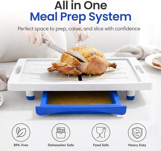 Large Cutting Board - XL Deluxe Meal Prep System with Meat Thermometer, Juice Groove, Spikes, Drip Tray & Removable BPA Free Cutting Board - Patented Multi-Feature Design Carving Board - Kitchen Gifts