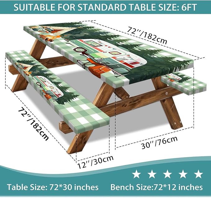 Picnic Table Cover with Bench Covers and Bag, Forest Rv Tent Campfire Checkered Camping Tablecloth Waterproof Windproof Oilproof Elastic Edges Fitted Tablecloths for Outdoor Garden 3PCS 30x72 Inch