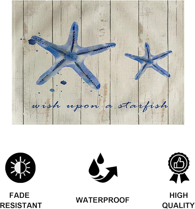 4Pack Vintage Sea Placemats Wood Grain Starfish Hippocampus Seashells Ocean Theme Table Mats Waterproof Heat Resistant Washable Non-Slip Place Mats for Dinner Room Kitchen Decor Table 12”×16”