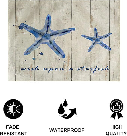 4Pack Vintage Sea Placemats Wood Grain Starfish Hippocampus Seashells Ocean Theme Table Mats Waterproof Heat Resistant Washable Non-Slip Place Mats for Dinner Room Kitchen Decor Table 12”×16”